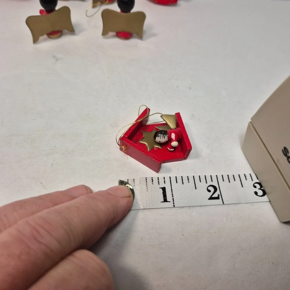 Vintage Miniature Angel Ornaments Lot Of 10 Mini Wooden Red Gold Christmas